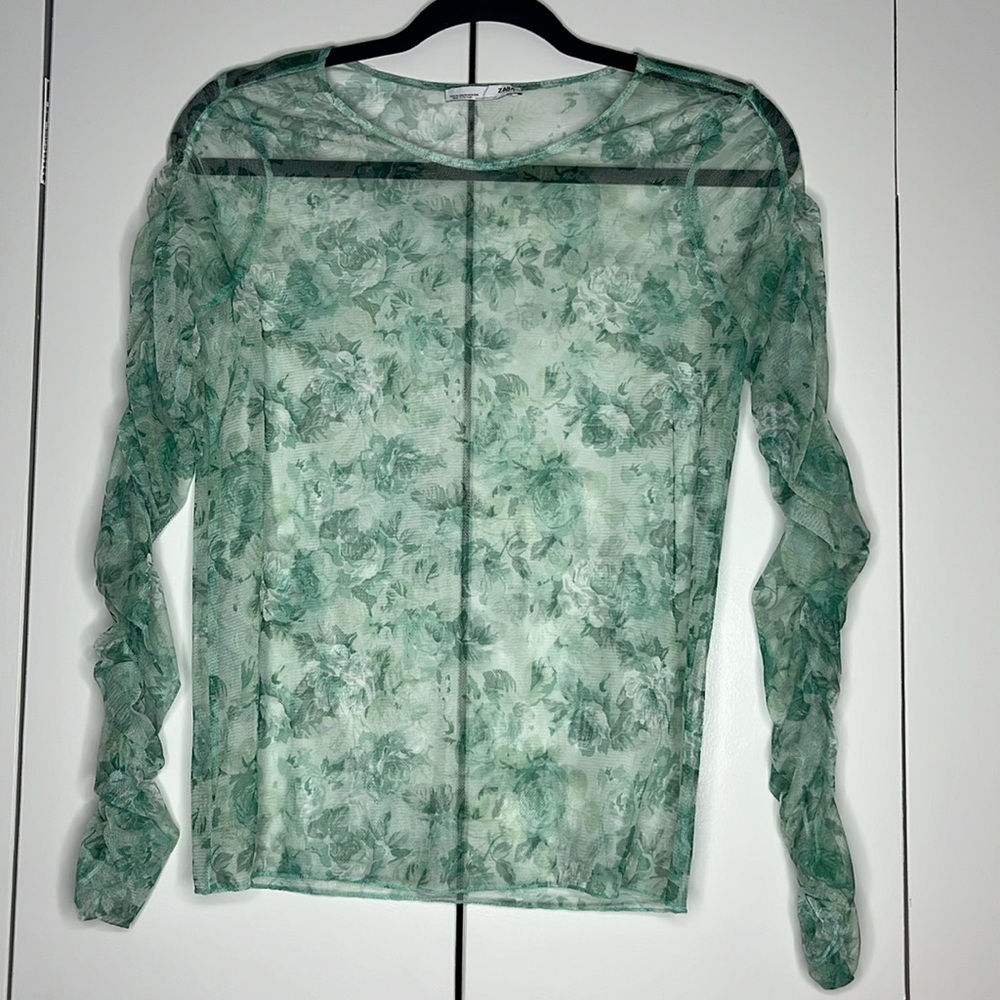 Zara Sheer Green Roses Blouse CA